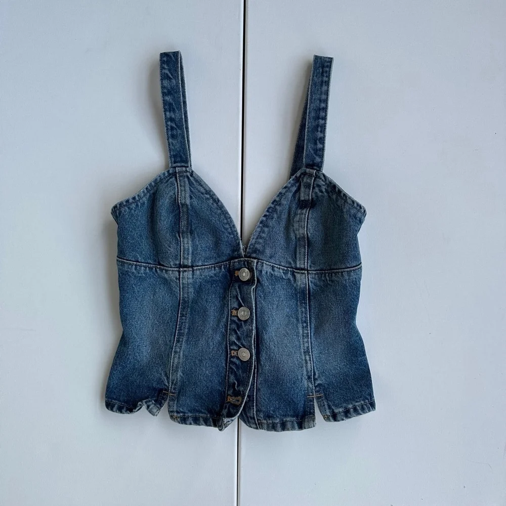 Women's Zara Blue Denim Vest Tank Top Smock Detail Women XS - Picture 6 of 12